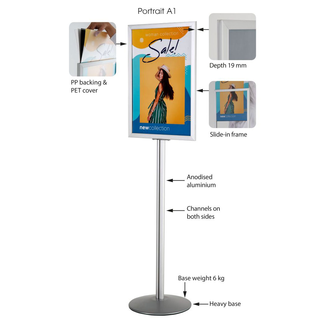 Adjustable 11x17 Pedestal Sign Holder with Round Steel Base | Easy Slide-In  Frame Design - Two-Sided