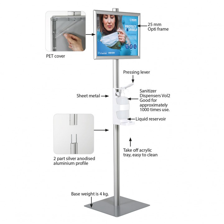 Hand Stanitizer Floor Stand With Opti Frame Vol2 - MT Displays